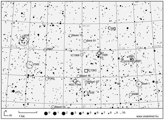 A Denebtől északkelete található égterület részlete (Cygnus csillagkép)