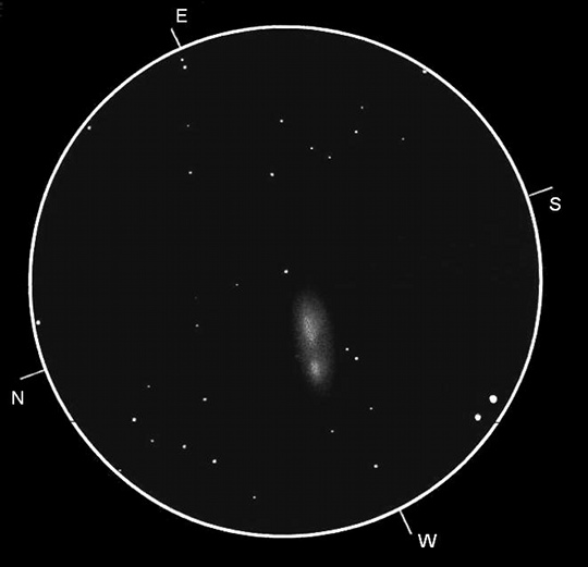 A Lokális Rendszer félreeső tagja az NGC 3109 GX Hya. A szerző rajza 105/600-as refraktorral, 48x-os nagyítással készült. A LM mérete 63 ívperc