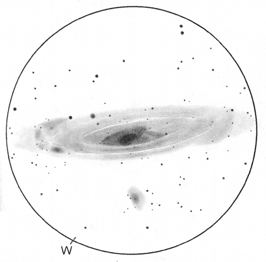 Az Androméda-galaxis 15 cm-es tükrös távcsővel. A rajz 1999-ben, több nyárvégi és ősz eleji éjszakán készült. Szabó Gábor munkája, a látómező kb. 2 fok