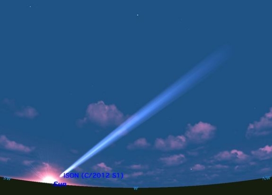 Az ISON-üstökös szimulált látványa november 26-28-a körül, hajnalban. Nagy valószínűséggel nem lesz ennyire fényes, jó esetben binokulár kell majd azonosításához.