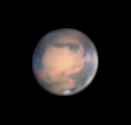 A Mars Michal Vajda március 14-i fotóján. A kép 300/1500-as Newtonnal, 3,8x-os fókusznyújtással, ASI 120MM kamerával, Astronomik CCD RGB szűrőszettel készült.