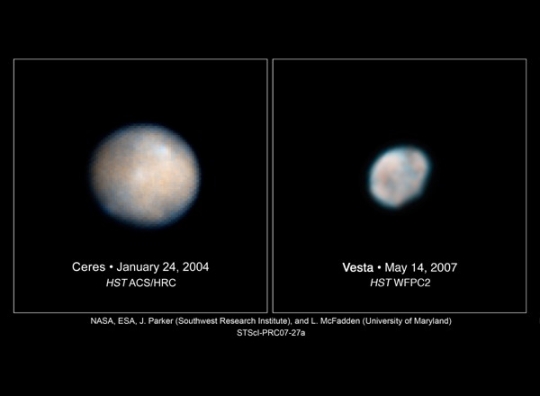 A Ceres és a Vesta a HST felvételén.