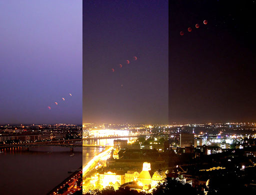 Szendrői Gábor felvételsorozata a 2011-es nyári holdfogyatkozás során Budapest fölé emelkedő, elfogyó Holdról